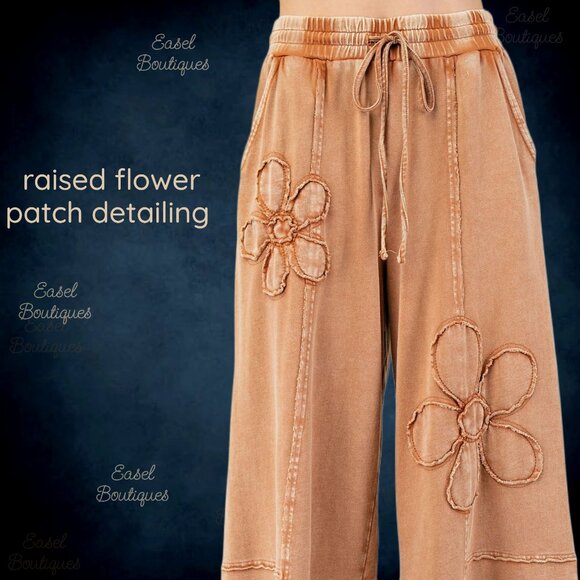 EASEL “Flower Power” Mineral Washed Pants Wide Leg Cozy Relax Fit Raw Seams Hems - Picture 9 of 14